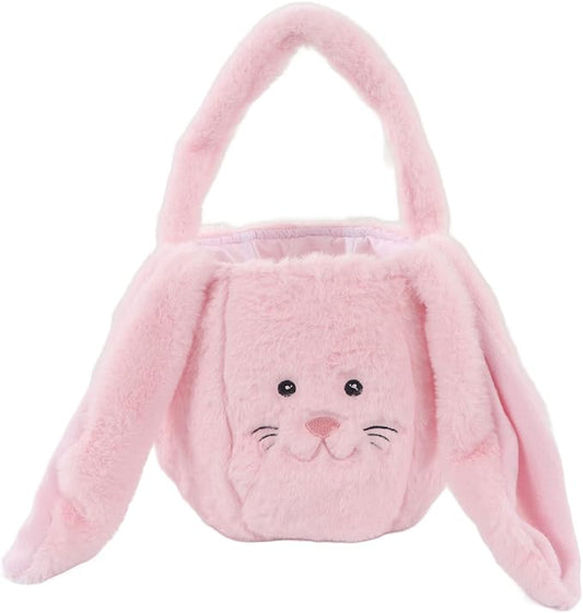 Spryflower Plush Easter Bunny Basket, Children Easter Basket, Cute Cartoon Long Ears Bunny Egg Basket, Soft Plush Easter Gift Bag for Kids, Perfect for Easter Egg Hunt and Family Gath (Pink)