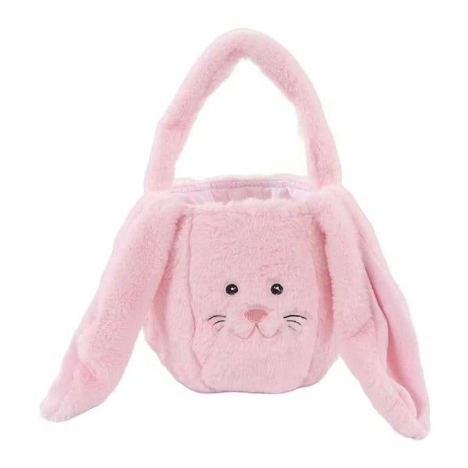 Plush Easter Bunny Basket, Children Easter Basket, Cute Cartoon Bunny Bag with Long Ears, Soft Plush Easter Egg Collector for Kids Easter Party Gift (Pink)