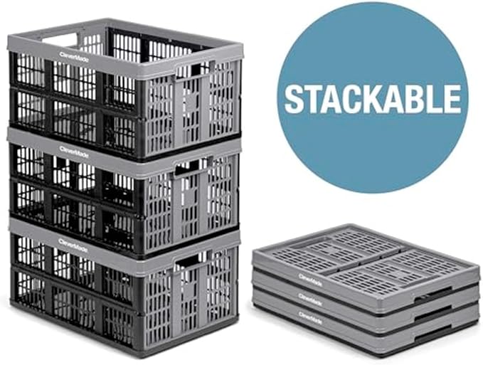 CleverMade Collapsible Utility Crates, - Ocean 3 Pack 45L / 11 Gal, Polypropylene (PP), Holds 66 lbs - Stackable Containers Heavy Duty Capacity Crates Space-Saving Baskets