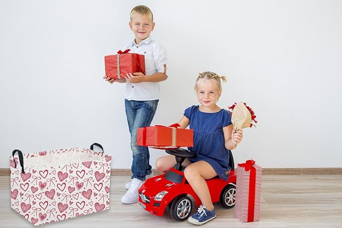 Sanjiaofeng Rectangular Valentine's Day Basket Love Storage Bins,Girls Storage Basket with Handles.Clothers,Books,Kid's Gifts Bins. (Bow Love)