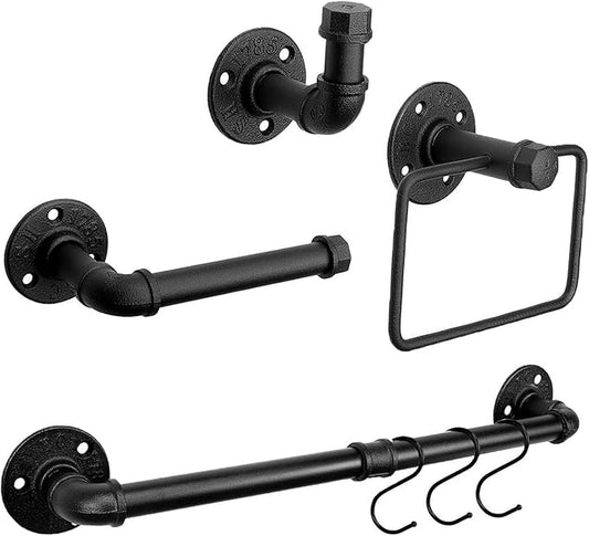 4-Pieces Industrial Pipe Bathroom Towel Ring Kit DIY Wall Mount Accessories Kit Includes Robe Hook Towel Bar and Towel Ring (16 inch)