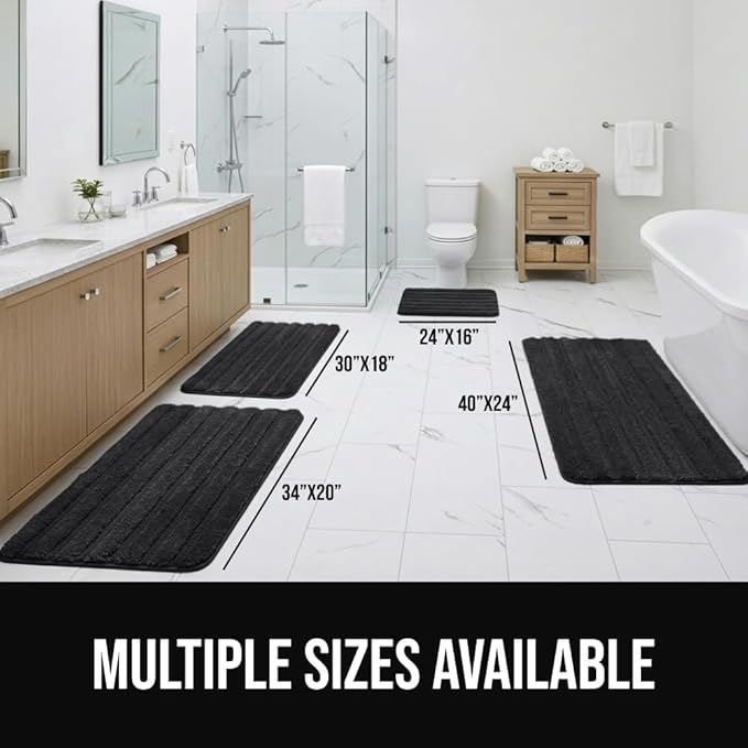GORILLA GRIP Textured Backing Bathroom Rugs, Soft Memory Foam Absorbent Striped Bath Mats, Machine Washable & Fade Resistant, Bathmat Accessories for Floor, Home Decor Shower Essentials, Black 40x24