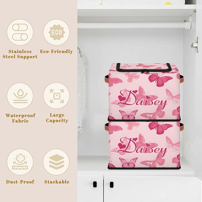 Custom Cute Butterfly Storage-Bin With Zipper Lid for Kids-Girls-Boys-Baby-Pet,Personalized Name Foldable Storage Box with Handle,Baby Basket With Label for Bedroom Nursery Toy Clothes,Pink