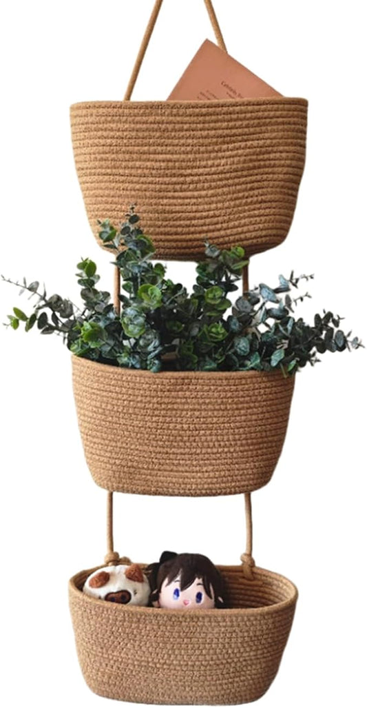 Over The Door Hanging Basket, 3 Tier Cotton Rope Woven Wall Basket, Magazine Racks Hanging Organizer, Decorative Hanging Storage Baskets for Organizing Living Room, Bathroom and Bedroom (Brown)