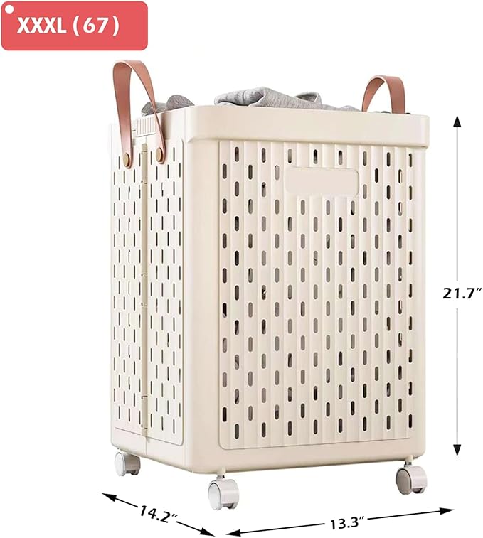 UAK Plastic Laundry Basket with Wheels & Handle, 67L Heavy Duty Foldable Laundry Hamper – Easy Clean Waterproof Rolling Organizer for Bathroom & Laundry Room, Ivory