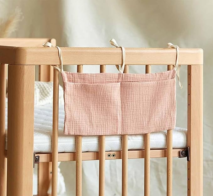 Cotton Baby Bedside Hanging Storage Bag,2 Pockets Organizer for Baby Cribs and Toys (Pink)