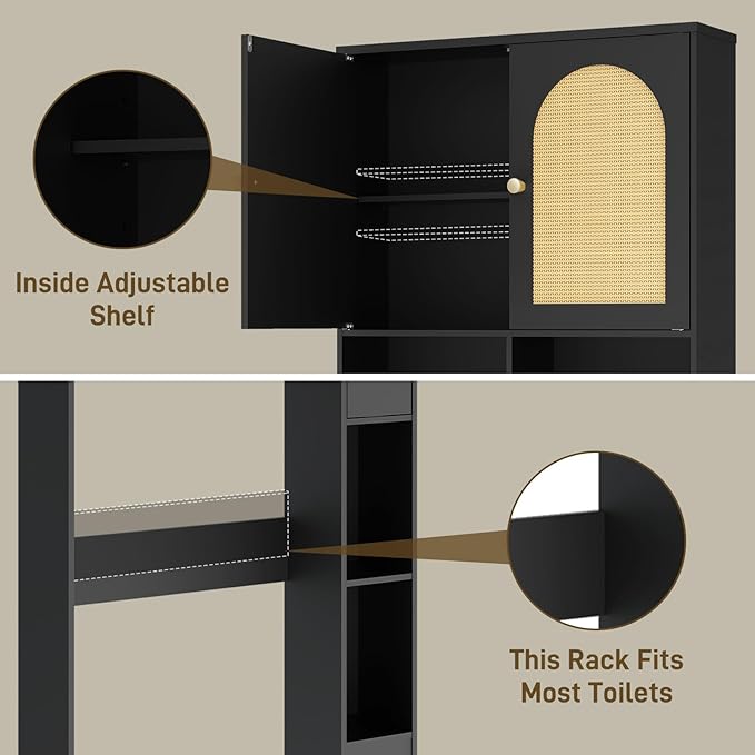 Vabches Rattan Toilet Storage Cabinet, Over Toilet Storage Wood Cabinet with 2 Doors & Toilet Paper Holder Stand, Bathroom Organizer Home Space Save Toilet Rack for Bathroom, Laundry, Restroom, Black