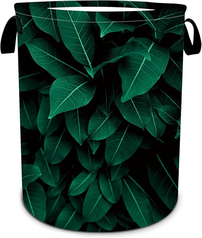 Tropical Leaves Laundry Basket, Plants Laundry Hamper Foldable Waterproof Oxford Cloth Funny Tote Bag Dirty Clothes Storage Bucket Toy Organizer for Bathroom/Laundry/Bedroom 15.7"x19.6"