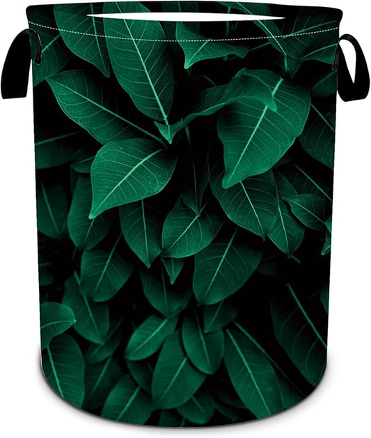 Tropical Leaves Laundry Basket, Plants Laundry Hamper Foldable Waterproof Oxford Cloth Funny Tote Bag Dirty Clothes Storage Bucket Toy Organizer for Bathroom/Laundry/Bedroom 15.7"x19.6"