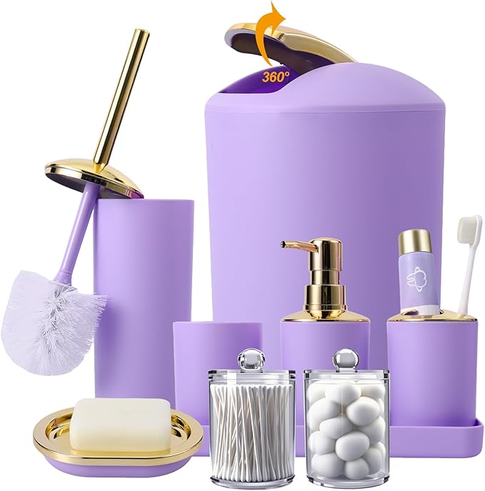 9 Pieces Purple Bathroom Accessories Set Gorgeous Gold Bathroom Set, Trash Can, Toilet Brush, Soap Dispenser, Toothbrush Holder, Soap Dish, Tumber, Qtip Holder, Tray, Sink Countertop Set