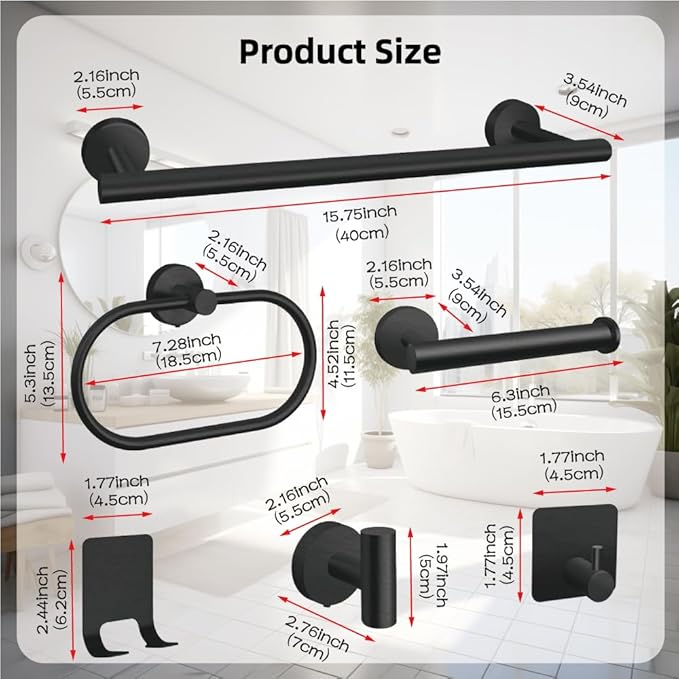 7-Piece Bathroom Accessory Set self-Adhesive Brushed Black Bathroom Hardware, Bath Towel Bar Set, Towel Racks for Bathroom, Wall Mounted