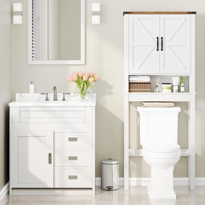 Over The Toilet Storage Cabinet, Farmhouse Over Toilet Bathroom Organizer with 2 Barn Doors, Narrow Above Toilet Storage Cabinet, Behind Toilet Bathroom Organizer (Rustic White)