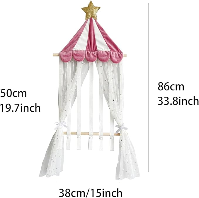Hair Bows Organizer for Girls, Baby Headbands Hair Accessories Organizer Storage Wall Hanging Decor for Toddler Girls Room Gold Star Canopy Design, White Tulle Curtain Display(Pink)