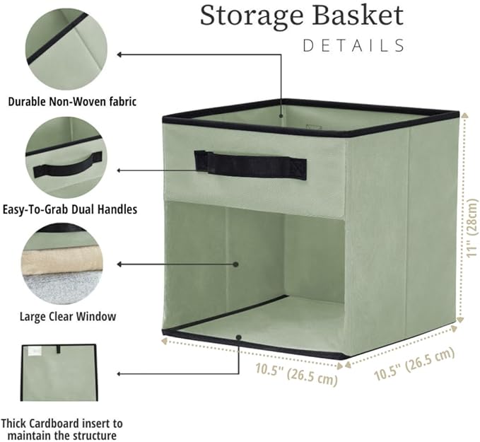 DECOMOMO Storage Bins, Cube Storage Bin with Window, Fabric Storage Cubes for Shelves (11" / 6pcs, Green)