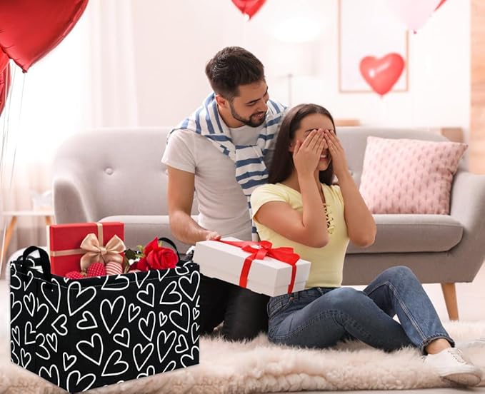 HIYAGON Rectangular Heart Basket Kids Baby Storage Bin Toy Basket Organizer Box for Girls Love Room Decor(Black Line Heart)