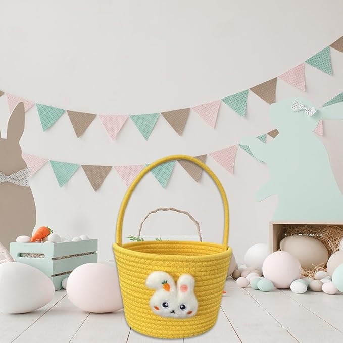 Easter Basket, Easter Bunny Baskets with Handle, Easter Gift Baskets, Egg Buckets Gifts Tote Bags Egg Basket for Easter Party