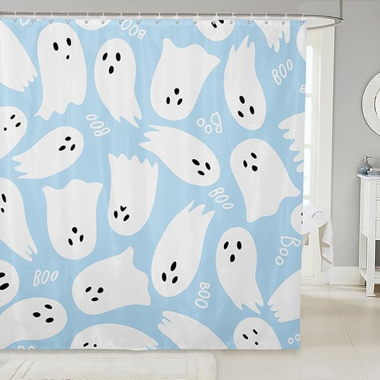 Halloween Trick or Treat Waterproof Bath Curtains with 12 Hooks Suits for Bathtub,Light Blue Watercolor Shower Curtains,Kawaii Cute Ghost Bathroom Curtains,78 Inch Long