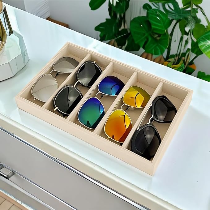 Luxurious 5 Grid Beige Velvet Eyewear Storage Sunglasses Jewelry Tray Organizer Soft Protection Drawer Divider Store Display
