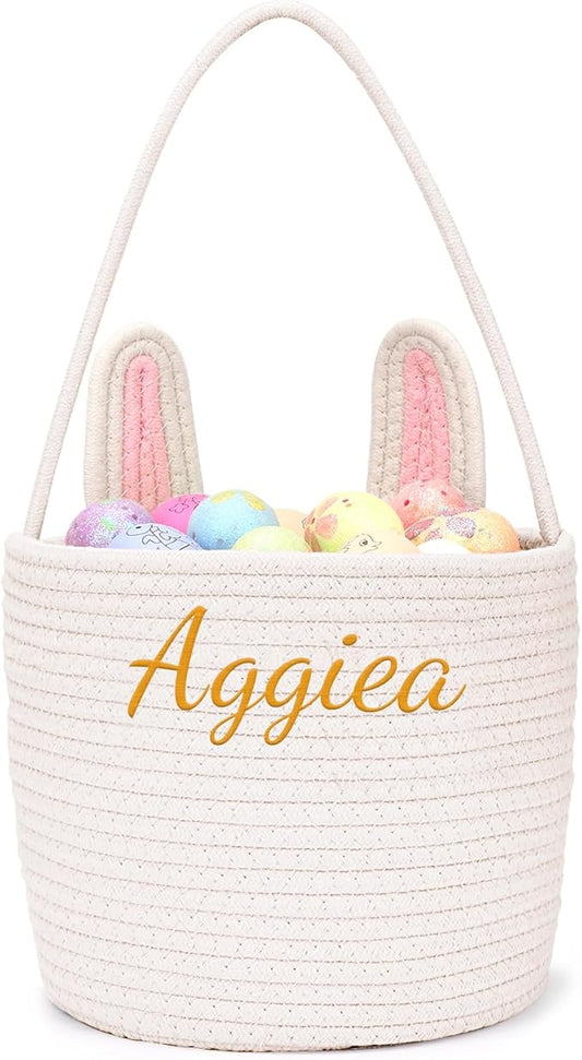 Personalized Easter Basket for Kids with Name - Custom Cute Embroidery Easter Bunny Rope Basket for Boys Girls, Easter Egg Hunt Basket (Pink-White)