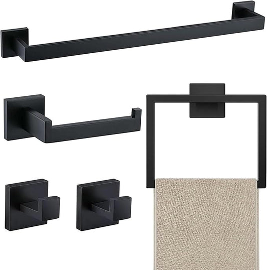 5 Piece Bathroom Towel Bar Set - SUS304 Stainless Steel Bath Towel Holder, 23.6 Inch Towel Racks for Bathroom Wall Mounted, Bathroom Hardware Accessories Set - Matte Black