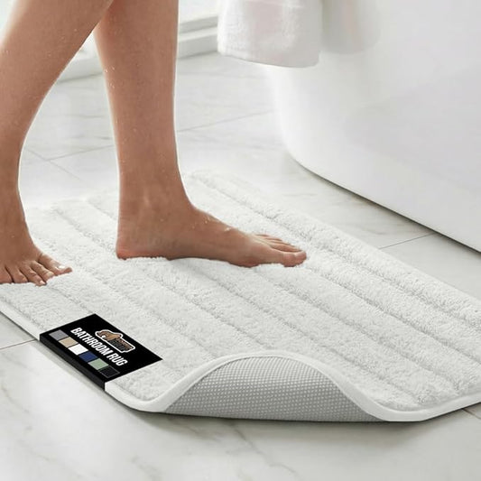 GORILLA GRIP Textured Backing Bathroom Rugs, Soft Memory Foam Absorbent Striped Bath Mats, Machine Washable & Fade Resistant, Bathmat Accessories for Floor, Home Decor Shower Essentials, White 30x18