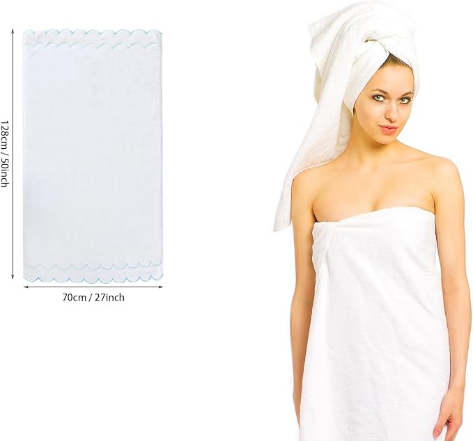 100% Cotton Bath Towels for Bathroom 2 Pcs Scalloped Hand Towels 27 * 54 Inch Embroidered Decorative 600 GSM Soft Absorbent Bath Towel for Spa Yoga Hotel Sport (Blue)