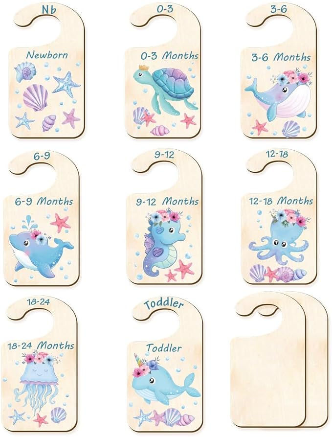 CRASPIRE 10Pcs Wood Baby Wardrobe Dividers Ocean Size Divider Closet Organizers Turtle Seahorse Clothes Whale Shell Nursery Decor from Newborn to 36 Month Hanger Baby Infant for Newborn Baby Shower