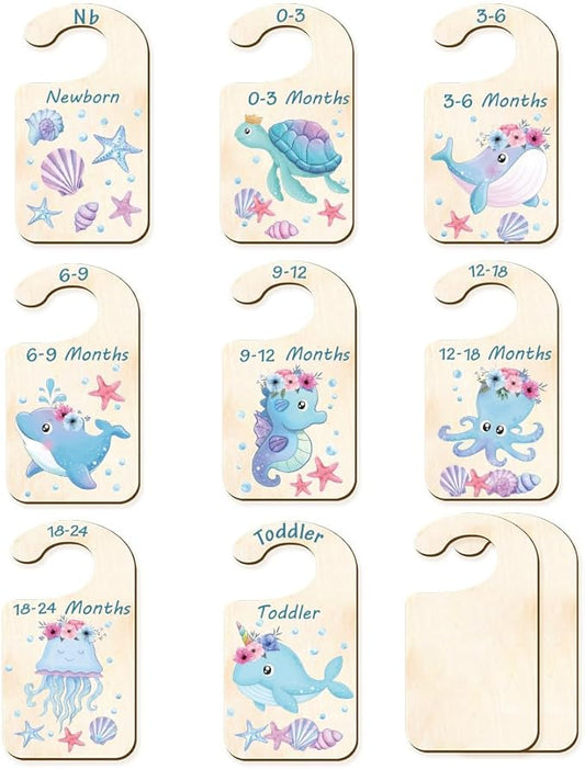 CRASPIRE 10Pcs Wood Baby Wardrobe Dividers Ocean Size Divider Closet Organizers Turtle Seahorse Clothes Whale Shell Nursery Decor from Newborn to 36 Month Hanger Baby Infant for Newborn Baby Shower
