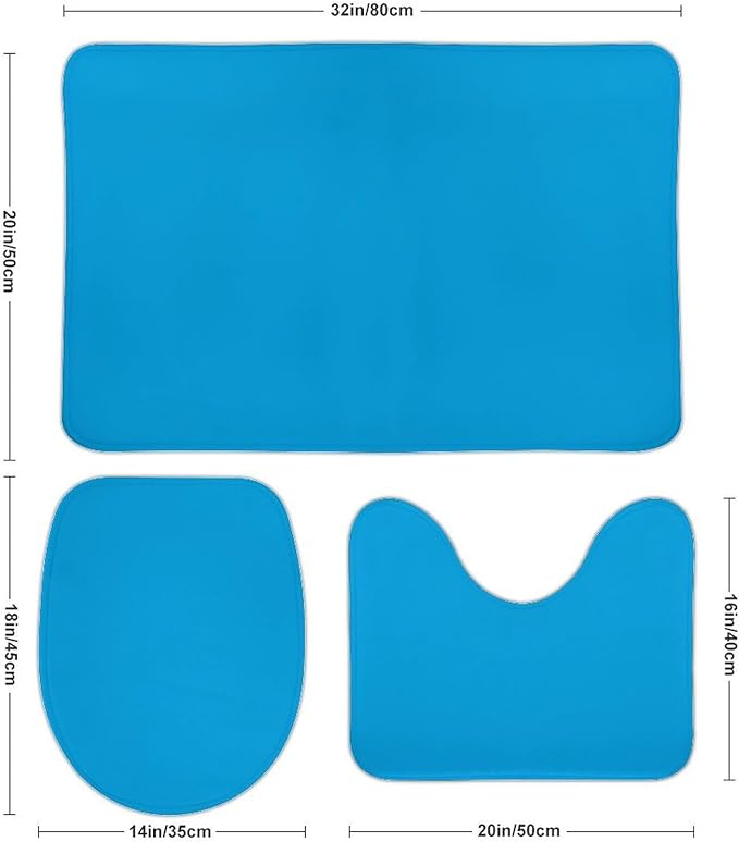 3 Pieces Bath Rug Sets, Sky Blue Trend Color Bathroom Mat Set Non Slip U Shaped Contour Rug & Toilet Lid Cover