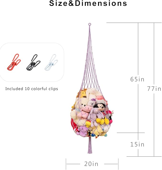 Novel Stuffed animal Net or Hammock Macrame Plush Toy Display- One Hook Only! Convenient for Corners, Walls and Ceiling Hanging Net, stuff animal storage for kid room Bedroom Playroom-Purple