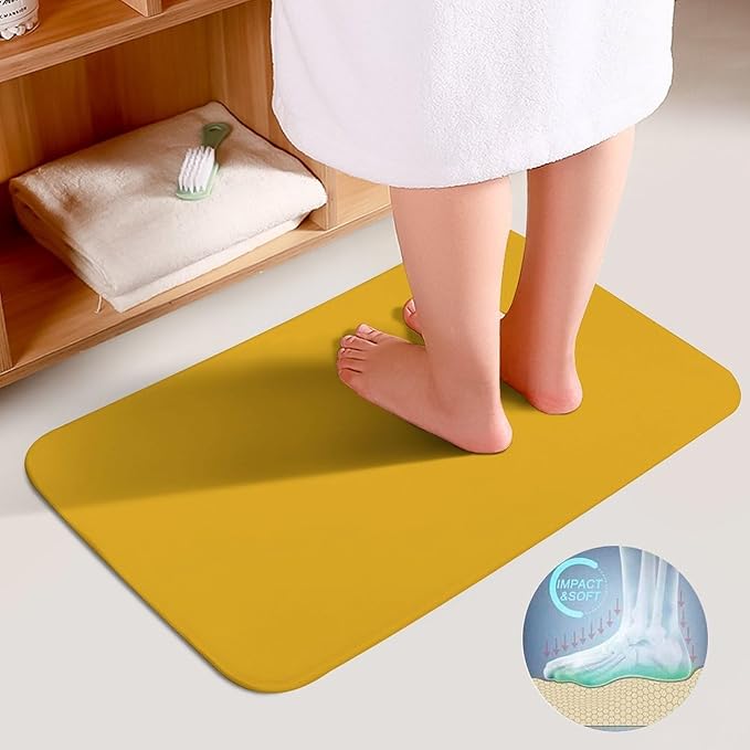 3 Pieces Bath Rug Sets, Mustard Yellow Bathroom Mat Set Non Slip U Shaped Contour Rug & Toilet Lid Cover