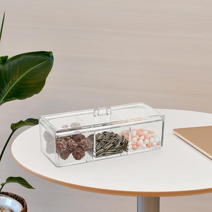 dedoot Plastic Drawer Organizer, Clear Acrylic Vanity Desk Storage and Organizer, 3 Compartment Make Up Holder with Lid Bathroom Display Storage Container for Jewelry, Small Items, 9.17x3.7X3.46 Inch