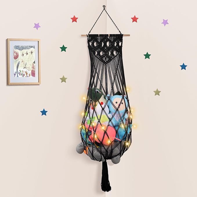 63'' Jumbo Stuffed Animal Storage Hammock Corner, Boho Macrame Stuffy Hammock for Wall Ceiling Over Door Hanging Toy Hammock, Black Plush Toy Net Holder w/ Star Lights for Kids Boys Girls Gift
