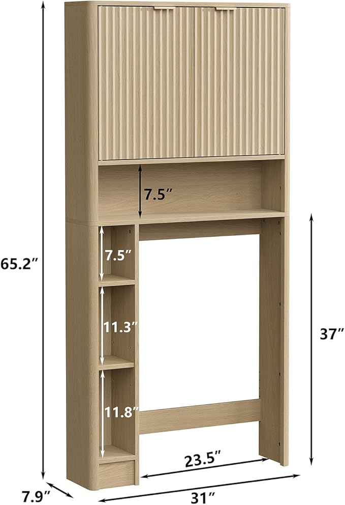 Furnideco 31''W Over Toilet Storage Cabinet Modern Above Toilet Shelf Cabinet with Fluted Doors & Toilet Paper Storage Holder for Bathroom, Natural Oak