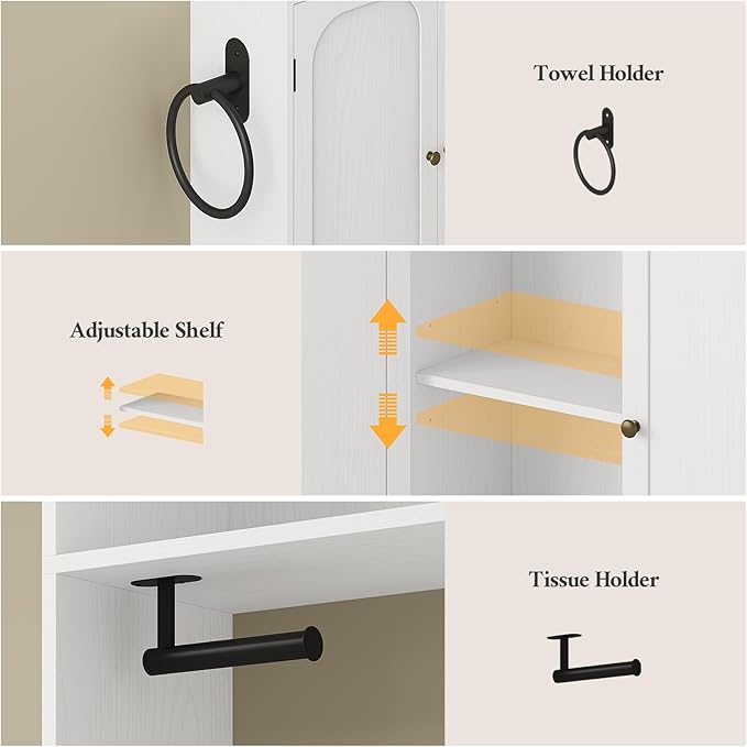 7-Tier L-Shaped Over Toilet Storage Cabinet with 2 Drawers, Tissue Holder & Towel Holder, Bathroom Storage Cabinet with 2 Doors & Adjustable Shelf for Bathroom, Laundry Room, White