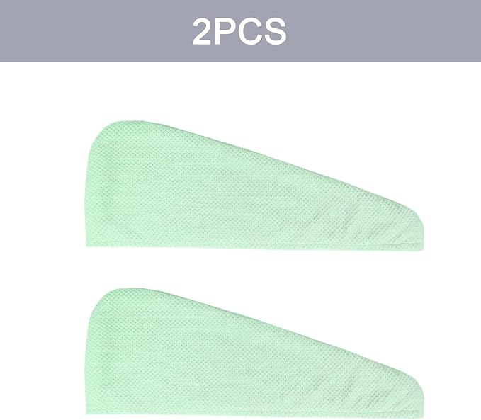 2 Pack Microfiber Hair Towel Wrap for Women, Super Absorbent Quick Dry Hair Turban for All Hair Style, Large Hair Drying Towel with Button, Green