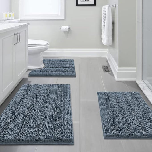 H.VERSAILTEX 3 Piece Bathroom Rugs Sets Thick Striped Bath Rugs Set for Bathroom Non Slip Soft Absorbent Bath Mat Set for Tub, Shower and Toilet(17''x24''+20''x32''+20''x24'' U-Shaped, Stone Blue)