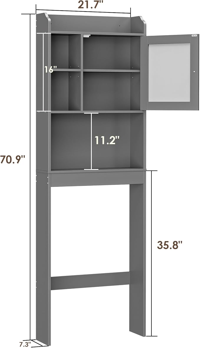 ZenStyle Over The Toilet Cabinet Double Door Wood Bathroom Storage Organizer with Adjustable Shelves, Cubby and Tempered Glass Door (Grey)