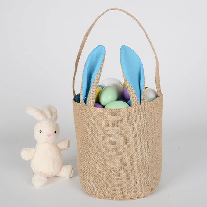 Easter Storage Bins Foldable Bottom Portable Rabbit Easter Basket Portable Cloth Bag Rabbit Bag Cylinder Gift Tote Zip Closet(Sky Blue)