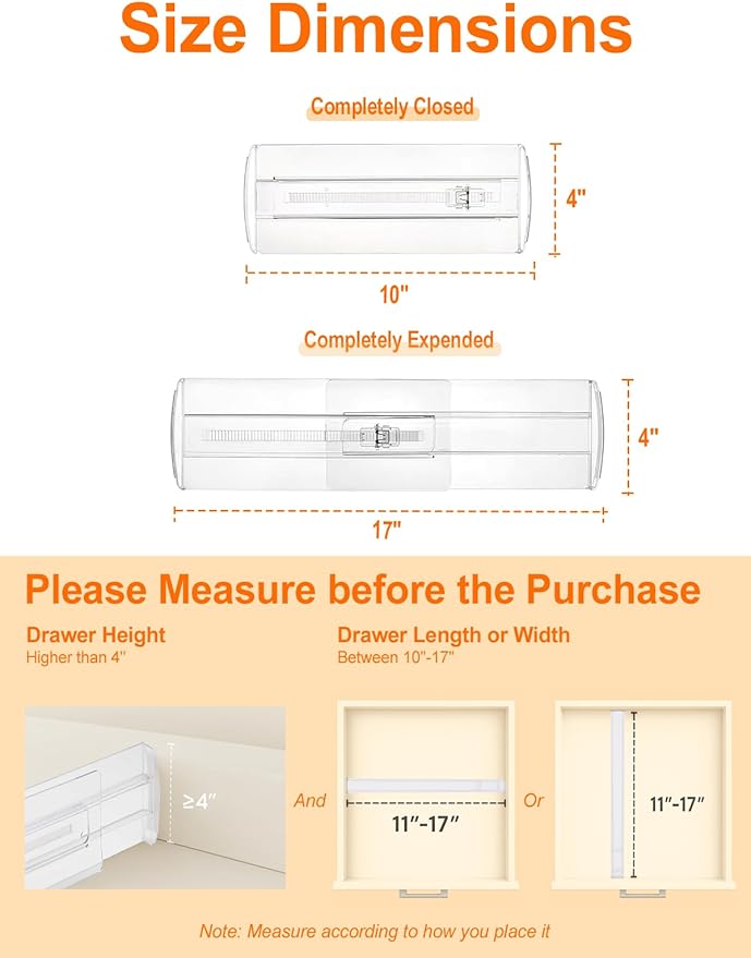 4 Pack Drawer Dividers for Clothes, 4" High 10.6"-16.9" Drawer Divider Adjustable Expandable Dresser Drawer Organizer, Clear Dresser Separators for Clothes, Underwear, Baby Clothes,Cosmetic,Toiletries