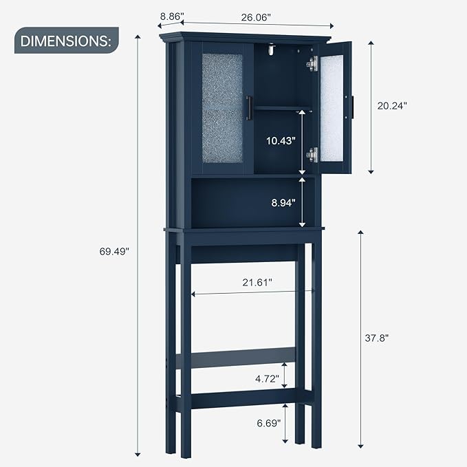 Over The Toilet Storage Cabinet, Over Toilet Storage Bathroom Cabinet with Glass Door and Adjustable Shelf, Above The Toilet Cabinet Behind Toilet Bathroom Organizer, Ultramarine