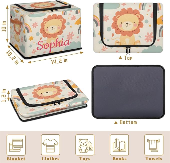 Custom Cute Lion Storage-Bin With Zipper Lid for Kids-Girls-Boys-Baby-Pet,Personalized Name Foldable Storage Box with Handle,Baby Basket With Label for Bedroom Nursery Toy Clothes,Beige
