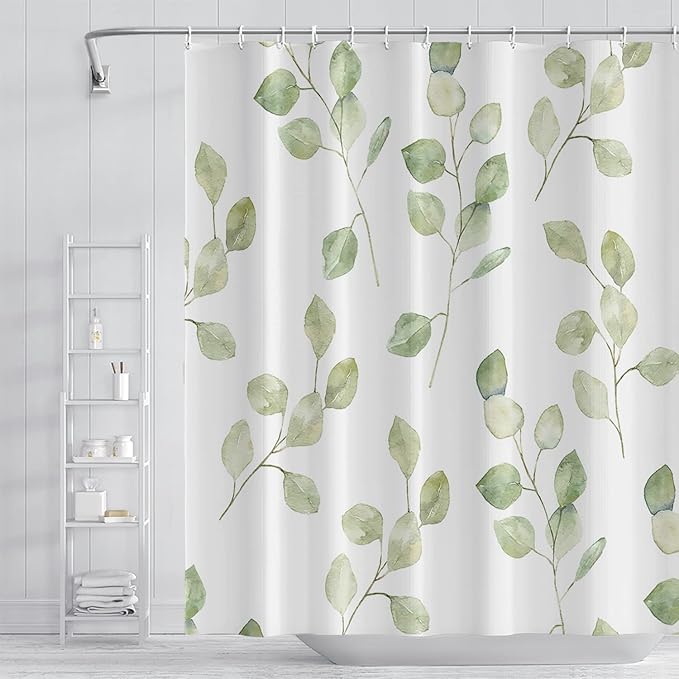 Green Eucalyptus Leaves Bathroom Shower Curtain Nature Plants Watercolor Leaf Shower with Hooks Polyester Waterproof Fabric Aesthetics Home Decor, 60x70 Inch