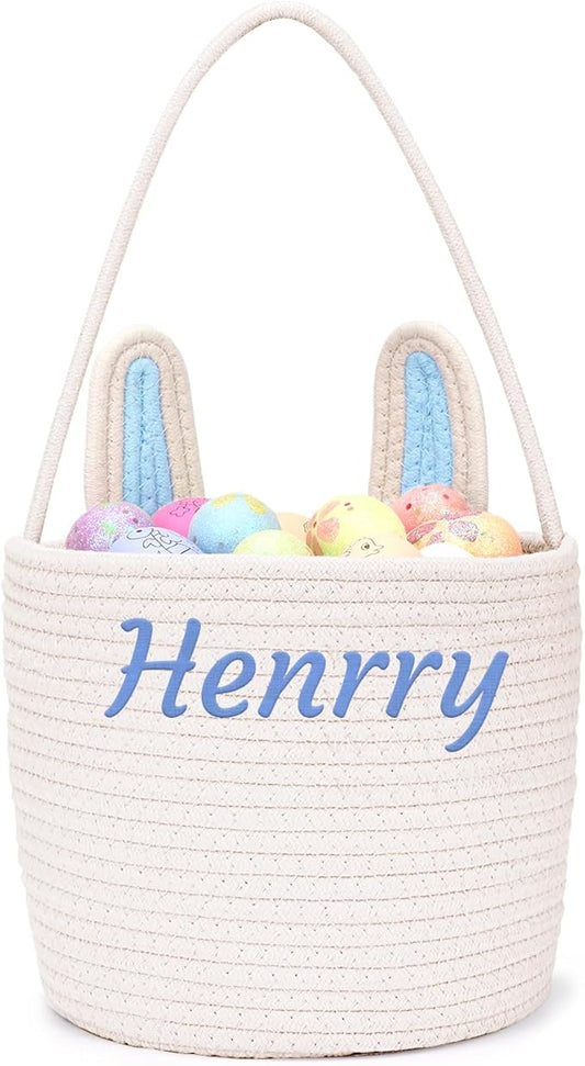 Personalized Easter Basket for Kids with Name - Custom Cute Embroidery Easter Bunny Rope Basket for Boys Girls, Easter Egg Hunt Basket (Blue-White)