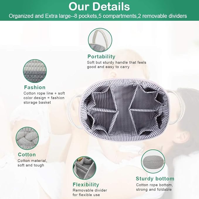 Baby Diaper Caddy Organizer - Extra Large Nappy Caddy Rope Nursery Storage Bin - Baby Basket with 8 Pockets, 5 Compartments and 2 Removable Dividers