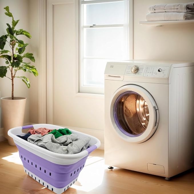 SAMMART 37L (9.77 gallon) Collapsible Plastic Laundry Basket - Foldable Pop Up Storage Container/Organizer - Space Saving Hamper/Basket (1, White/Lt. Purple)