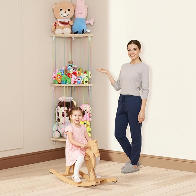 Stuffed Animal Storage Hammock, Wood Stuffed Toy Holder, Playroom Nursery Toy Storage Organizer, Decorative Wall Hanging Caddy Corner Stuffed Animal Net, Soft Toy Net for Kids Room Décor