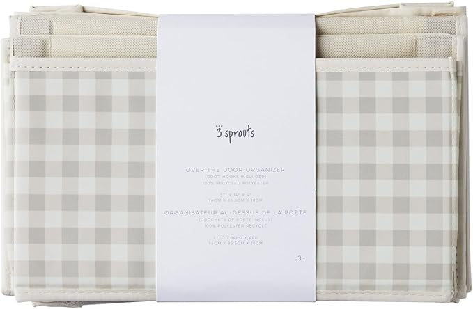 3 Sprouts Over the Door Organizer -Hanging Baby Organizers & Storage with 4 Large Pockets & 2 Hooks for Baby Clothes, Toy, Stuffed Animal -Newborn Essential for Nursery & Toddler Rooms - Gingham Beige