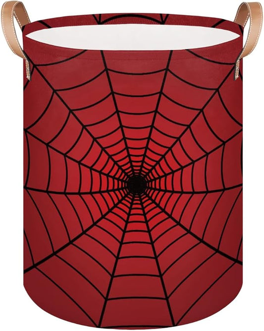 Large Laundry Hamper Basket Red Spider Web Round Freestanding Clothes Basket, Collapsible Storage Organizer Bin with Leather Handles for Dirty Clothes Toys, Nursery Home Storage 16"W x 20"H