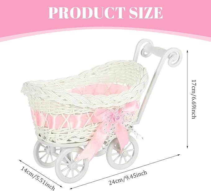 Wicker Baby Carriage, Vintage Baby Carriage Decor, Plastic Candy Basket for Birthday Party Favors/ 9.5x5.5x6.7 Inch